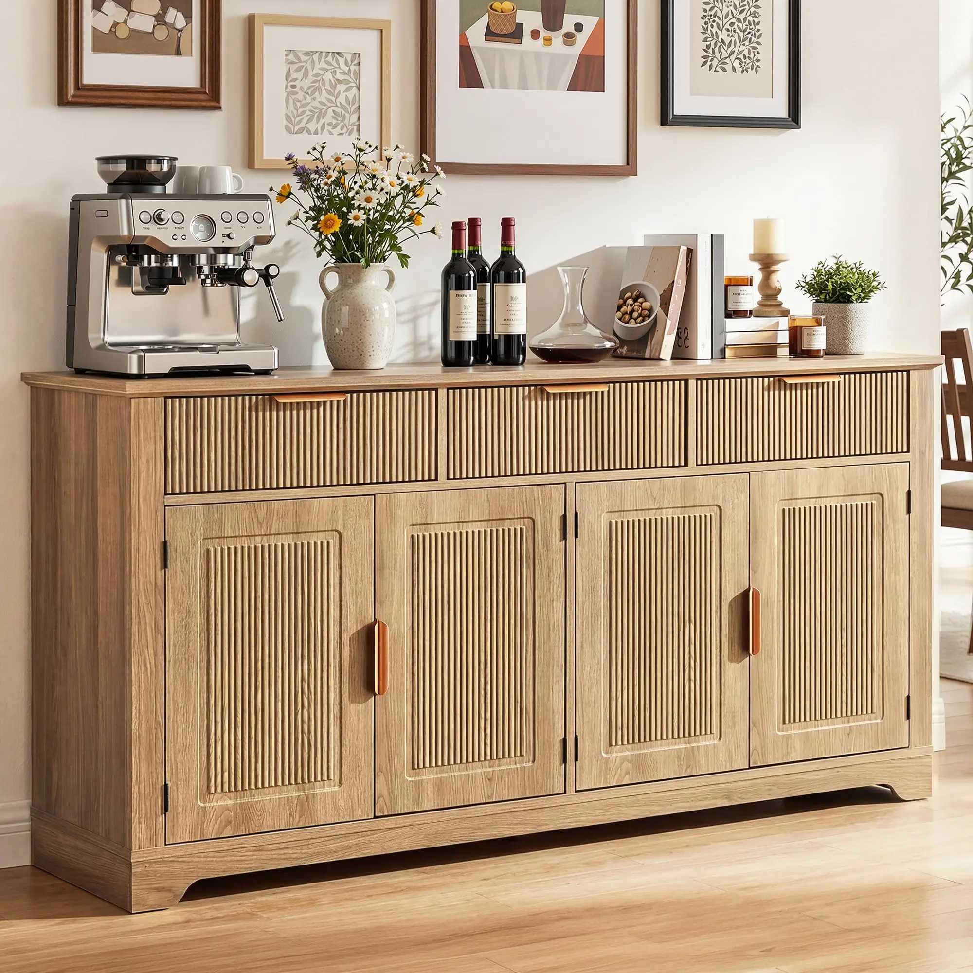 59 Inch Fluted Sideboard Buffet Cabinet With Drawers And Adjustable Shelves Natural Oak Mid Century Modern Credenza
59 Inch Fluted Sideboard Buffet Cabinet With Drawers And Adjustable Shelves Natural Oak Mid Century Modern Credenza