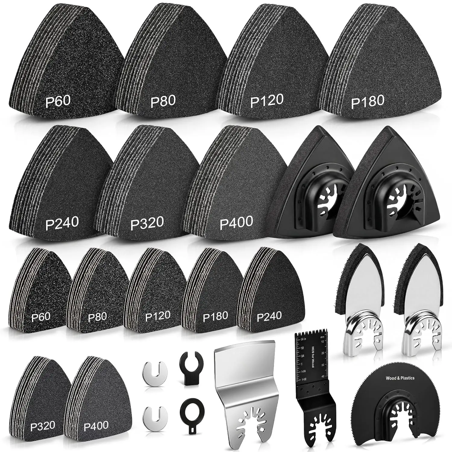 151Pcs Oscillating Tool Sanding Kit with Pads, Blades, 60-400 Grit for Wood Metal Plaster
151Pcs Oscillating Tool Sanding Kit with Pads, Blades, 60-400 Grit for Wood Metal Plaster