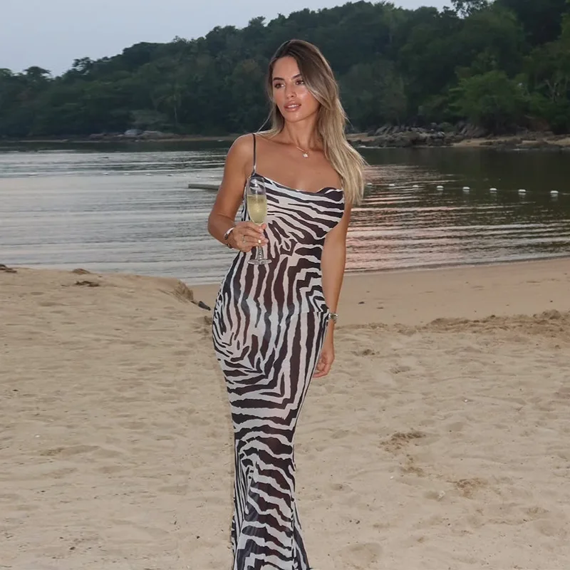 Chic Zebra Print Backless Strap Dresses Spring Women Sleeveless Lace Up Package Hip Dress Summer High Waist Ankle Length Dress 
Chic Zebra Print Backless Strap Dresses Spring Women Sleeveless Lace Up Package Hip Dress Summer High Waist Ankle Length Dress