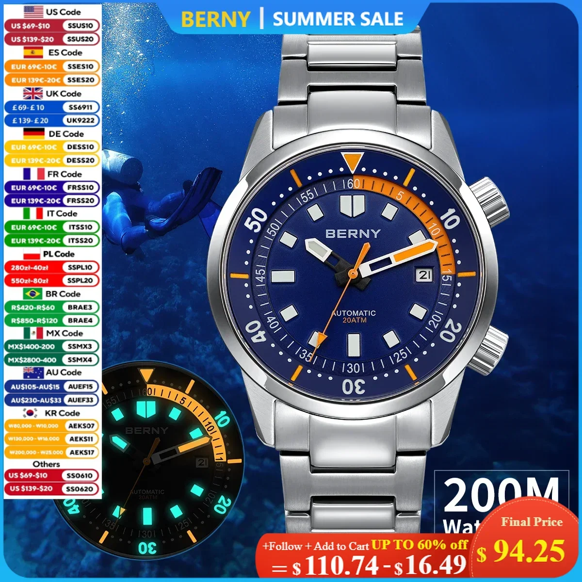 BERNY Diver Watches for Men 20AMT Super Luminous Automatic Mechanical Men's Dive Watch Full Stainless Steel 42mm Sapphire Diving
BERNY Diver Watches for Men 20AMT Super Luminous Automatic Mechanical Men's Dive Watch Full Stainless Steel 42mm Sapphire Diving