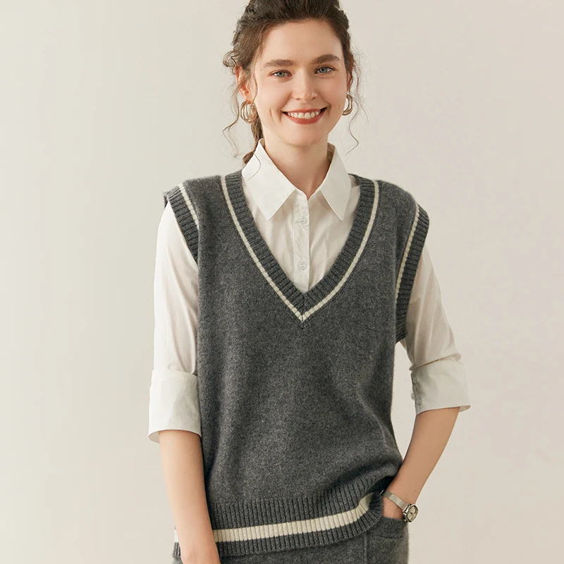 Осень-зима 2022, женский 100% кашемировый свитер с v-образным вырезом, жилет в консервативном стиле, пуловер без рукавов, кашемировый трикотаж, новый топ 
Осень-зима 2022, женский 100% кашемировый свитер с v-образным вырезом, жилет в консервативном стиле, пуловер без рукавов, кашемировый трикотаж, новый топ