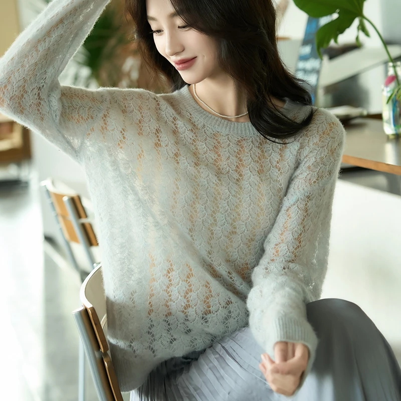 Женский свитер из 100% мериносовой шерсти на весну-осень, с круглым вырезом, ажурный пуловер с длинным рукавом, кашемировый трикотаж, женская шерстяная верхняя одежда
Женский свитер из 100% мериносовой шерсти на весну-осень, с круглым вырезом, ажурный пуловер с длинным рукавом, кашемировый трикотаж, женская шерстяная верхняя одежда
