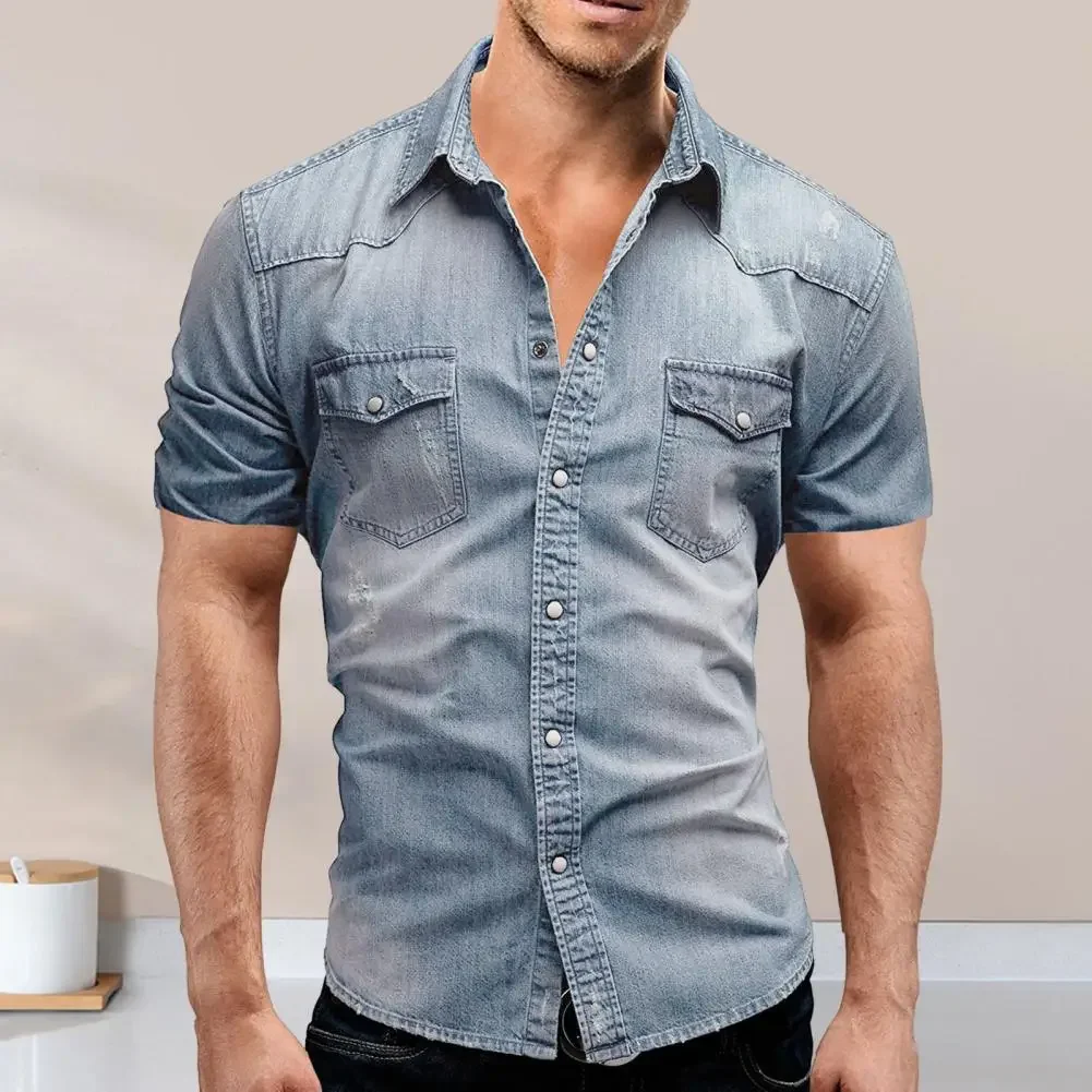 Lapel Short Sleeve Flap Pockets Single-breasted Men Shirt Summer Solid Color Denim Shirt Top
Lapel Short Sleeve Flap Pockets Single-breasted Men Shirt Summer Solid Color Denim Shirt Top