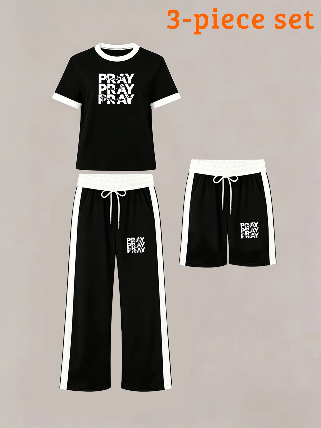 American-Style Trendy Summer Women's Three-Piece Set, Pray Themed Letter Print, Color-Blocked Short-Sleeve T-Shirt, Shorts + Long Pants, Loose and Unique Style Round-Neck T-Shirt, Straight-Leg Shorts Three-Piece Set, Summer Daily Wear for Going Out and Co
American-Style Trendy Summer Women's Three-Piece Set, Pray Themed Letter Print, Color-Blocked Short-Sleeve T-Shirt, Shorts + Long Pants, Loose and Unique Style Round-Neck T-Shirt, Straight-Leg Shorts Three-Piece Set, Summer Daily Wear for Going Out and Co