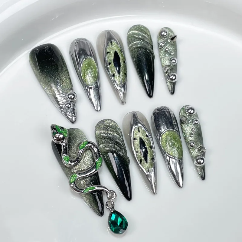 10pcs Handmade Metallic Stiletto Press on Nail Dark Green Cat Eye False Nail with 3D Cool Snake Design Almond Punk Y2K Nail Tips
10pcs Handmade Metallic Stiletto Press on Nail Dark Green Cat Eye False Nail with 3D Cool Snake Design Almond Punk Y2K Nail Tips