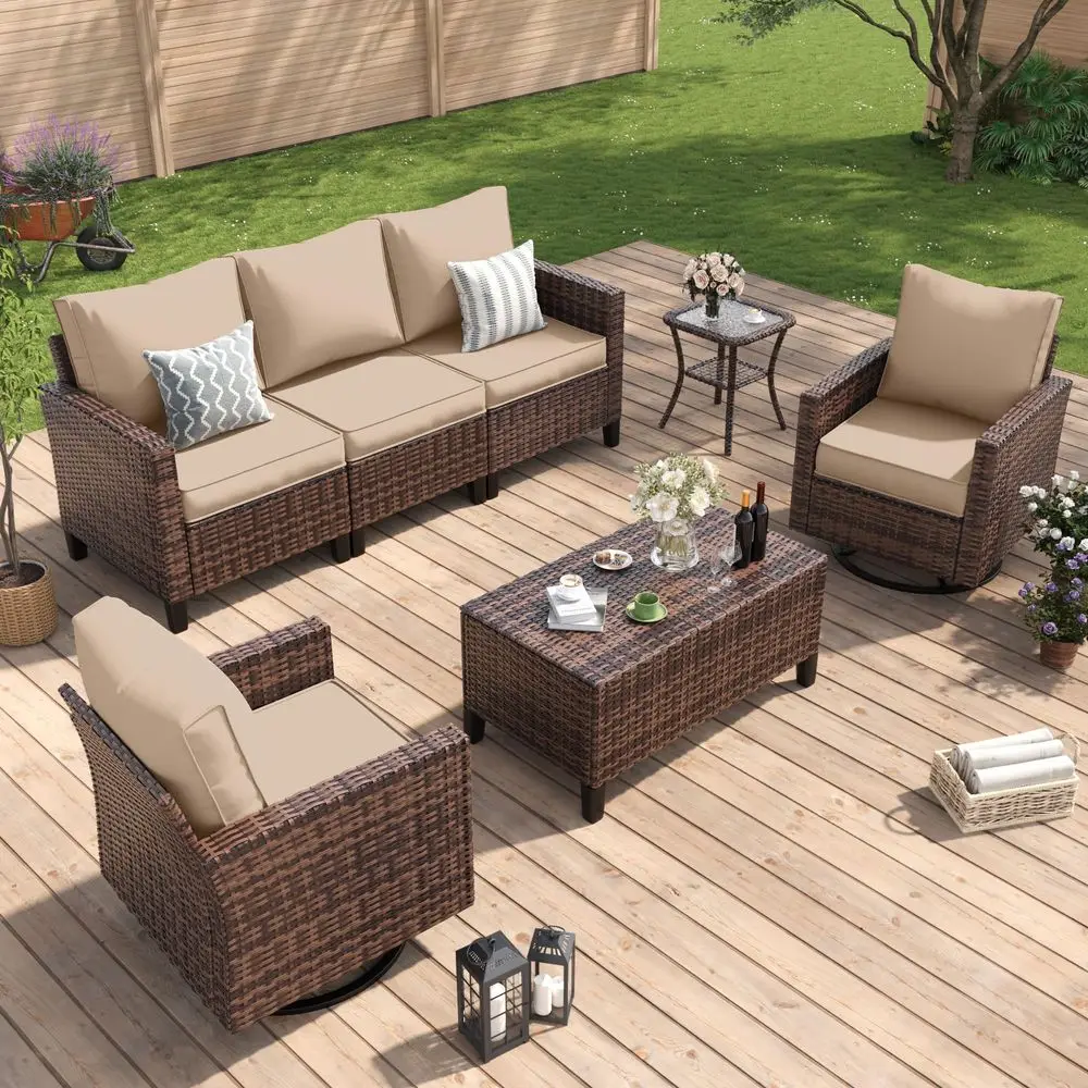 Patio Furniture Set, Wicker Outdoor Sectional Sofa with Swivel Rocker Chairs, AllWeather Rattan Conversation Set, Storage Coffe
