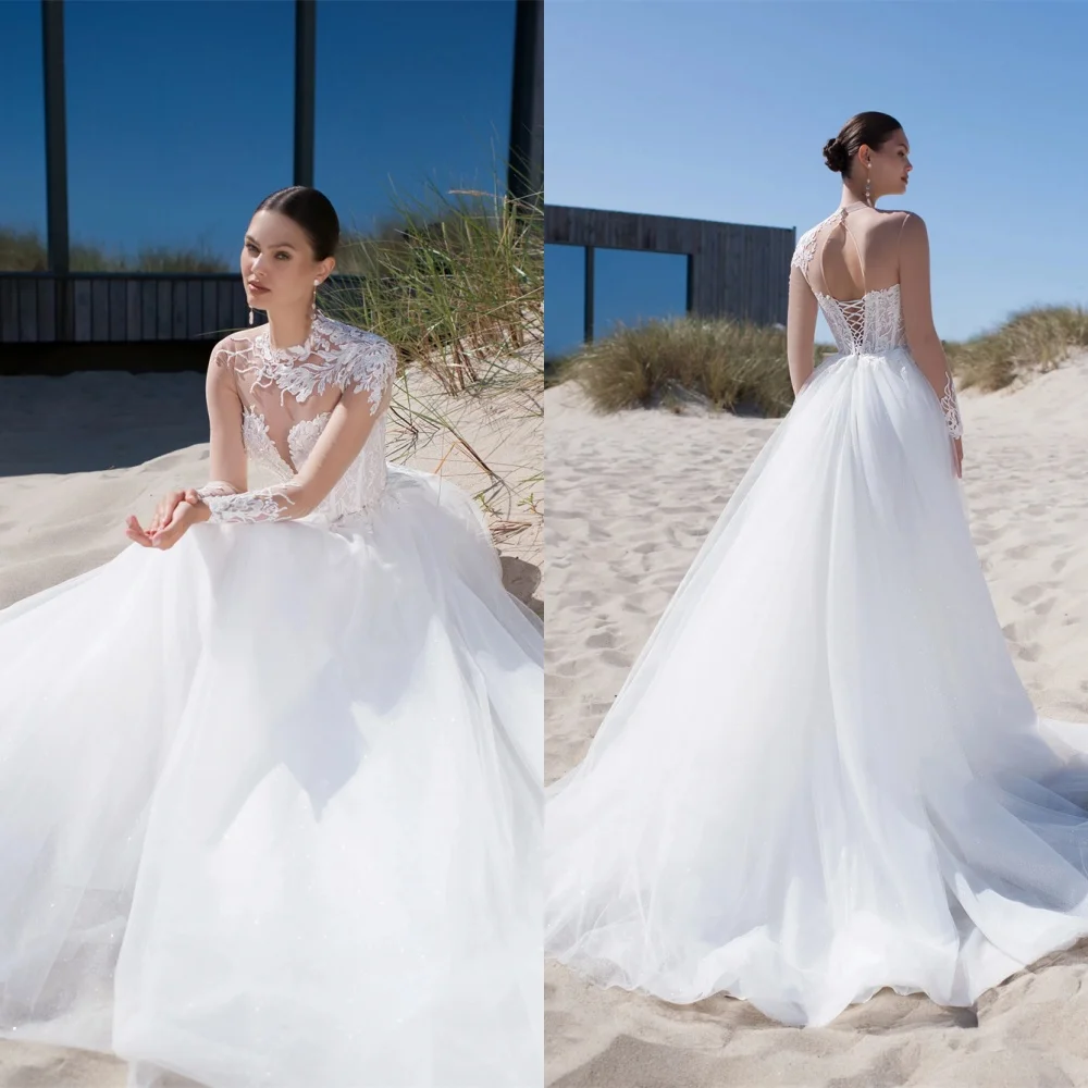 Customized High Quality White Organza Wedding Dress Temperament Crew Neck Long Sleeves Chapel Train Lace Up Back Bridal Gowns
Customized High Quality White Organza Wedding Dress Temperament Crew Neck Long Sleeves Chapel Train Lace Up Back Bridal Gowns