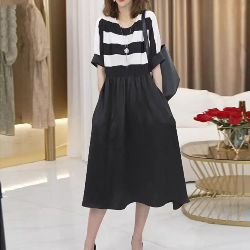 Striped O Neck Loose A Line Midi Dress With Pockets Casual Women's Spring Summer Wear
Striped O Neck Loose A Line Midi Dress With Pockets Casual Women's Spring Summer Wear