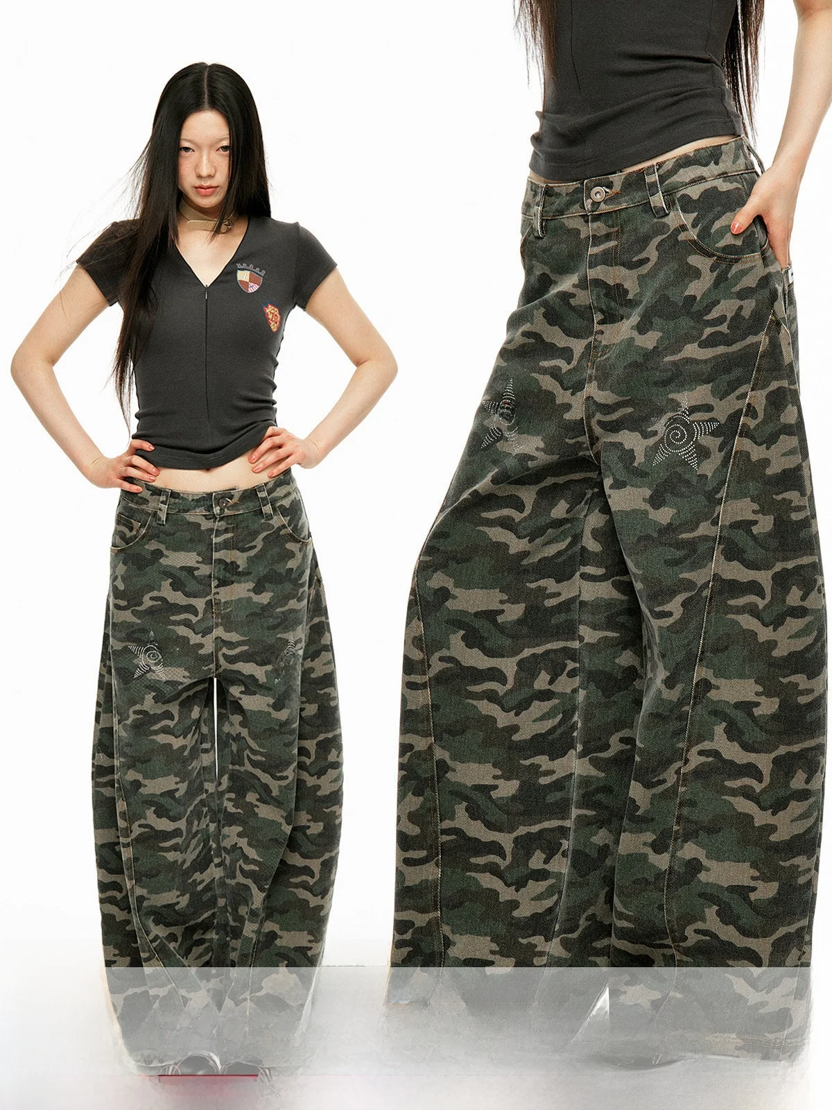 JIKOO Vintage American Denim Camouflage Washed Straight Leg Diamond Embellished Wide Leg Pants Women Casual Cotton Stretch
JIKOO Vintage American Denim Camouflage Washed Straight Leg Diamond Embellished Wide Leg Pants Women Casual Cotton Stretch