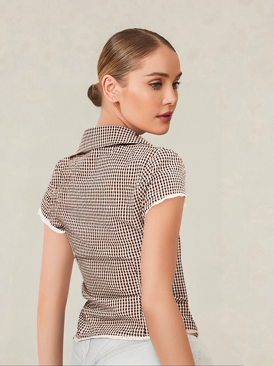 Women s Short Sleeve Plaid Shirt with Lace Trim and Turn Down Collar Button Down Blouse for Summer Casual Wear Streetwear Top
Women s Short Sleeve Plaid Shirt with Lace Trim and Turn Down Collar Button Down Blouse for Summer Casual Wear Streetwear Top