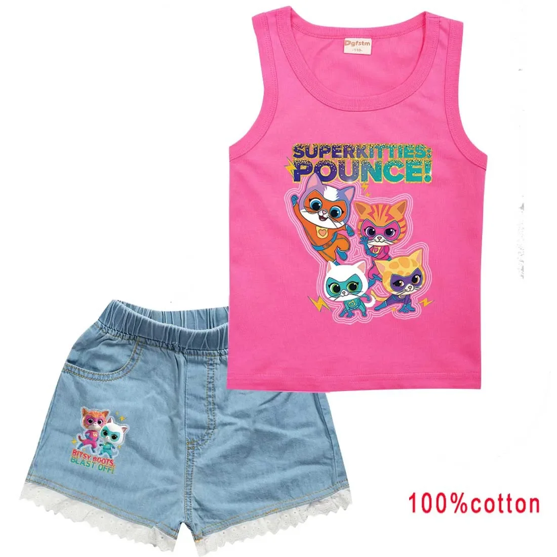 SuperKitties Kids Cartoon Super Cats Clothes Toddler Girls Casual Outfits Children Sleeveless T-shirts + Denim Shorts 2pcs Sets
SuperKitties Kids Cartoon Super Cats Clothes Toddler Girls Casual Outfits Children Sleeveless T-shirts + Denim Shorts 2pcs Sets