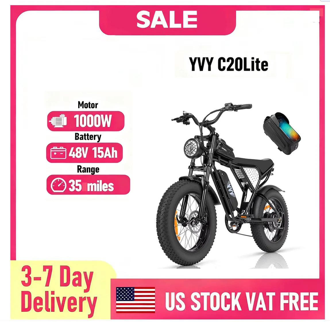 YVY C20Lite(Q20 Lite)20" Fat Tires Electric Bikes 1000W Motor 48V 15Ah Battery
YVY C20Lite(Q20 Lite)20" Fat Tires Electric Bikes 1000W Motor 48V 15Ah Battery