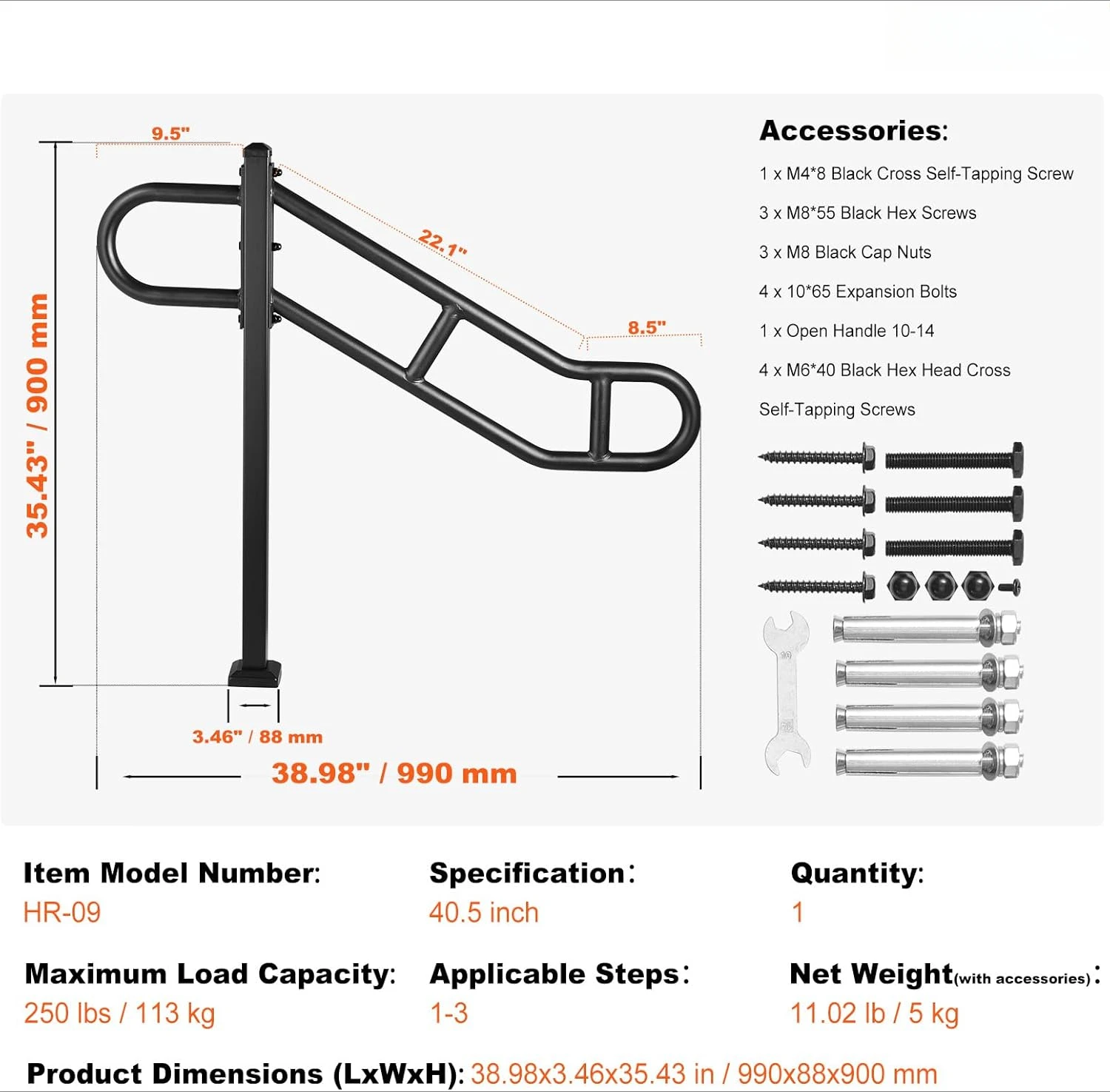 Single Post Handrail for Outdoor 1-3 Steps, 40.5" L x 35.4" H Metal Bent Stair Handrails, Floor Mounted Carbon Steel Stair
Single Post Handrail for Outdoor 1-3 Steps, 40.5" L x 35.4" H Metal Bent Stair Handrails, Floor Mounted Carbon Steel Stair