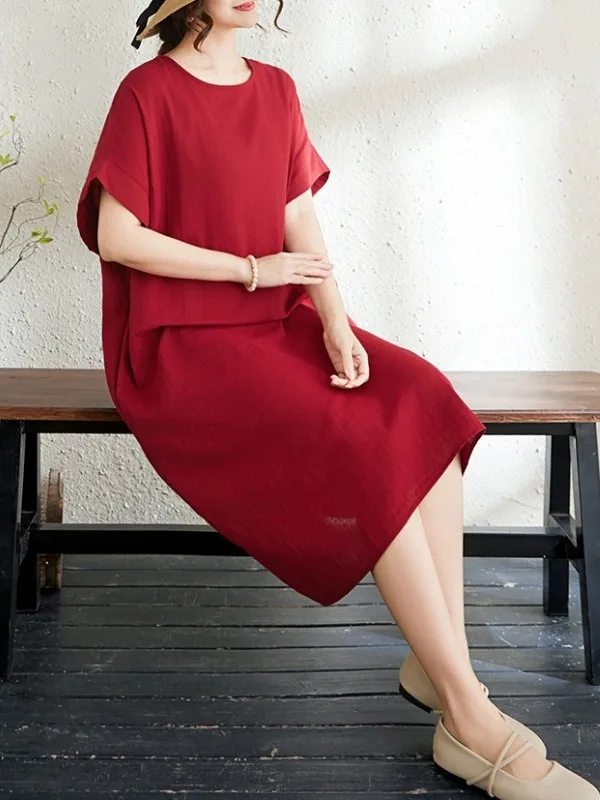 Red Elegantly Thin Skin-Friendly Knee-Length round Neck Short-Sleeved Dress Artistic Women Quality Cotton Lyocell Citywalk Dress
Red Elegantly Thin Skin-Friendly Knee-Length round Neck Short-Sleeved Dress Artistic Women Quality Cotton Lyocell Citywalk Dress