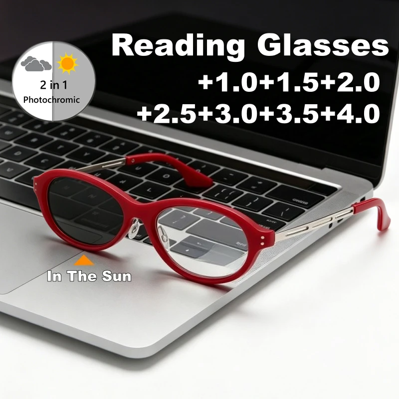 New Photochromic Presbyopia Glasses Stylish Small Oval-Frame Turn Grey Blue Light-Blocking Reading Glasses Diopter To +4.0
New Photochromic Presbyopia Glasses Stylish Small Oval-Frame Turn Grey Blue Light-Blocking Reading Glasses Diopter To +4.0