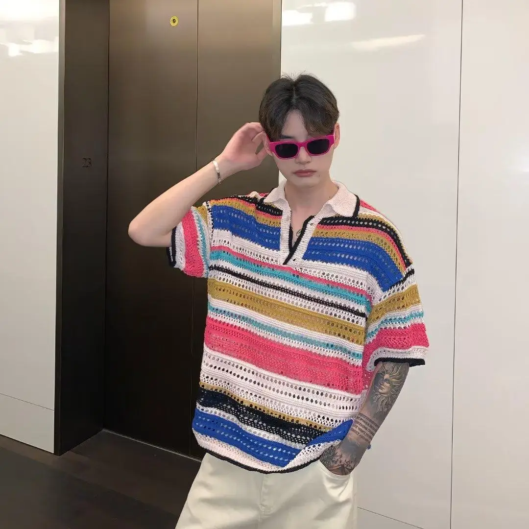 Soldier Rainbow Striped T-shirt Men and Women Retro Hollow Knitted Sweater Casual Loose Short Sleeve T-shirt Top
Soldier Rainbow Striped T-shirt Men and Women Retro Hollow Knitted Sweater Casual Loose Short Sleeve T-shirt Top