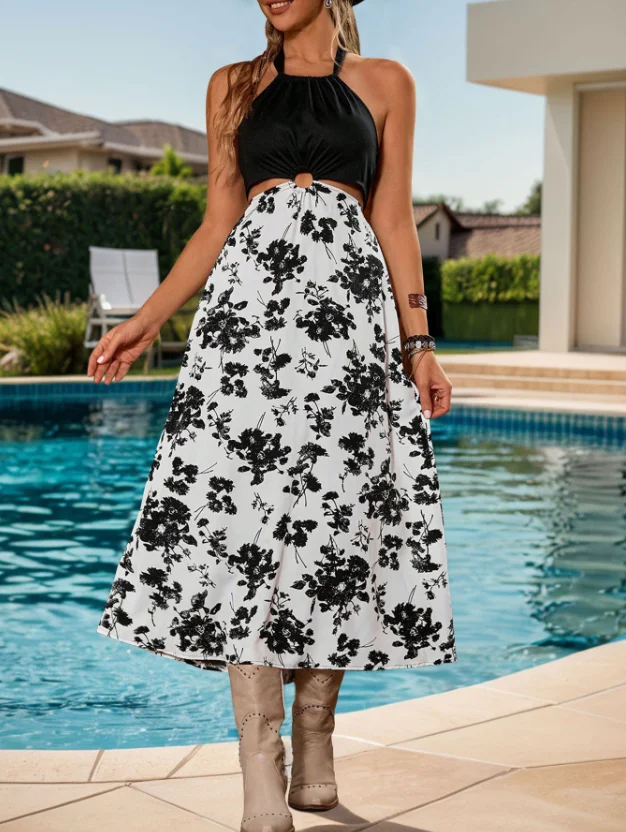Cross border high waisted black and white floral patchwork dress with hanging collar, casual 2025 new women's clothing
Cross border high waisted black and white floral patchwork dress with hanging collar, casual 2025 new women's clothing