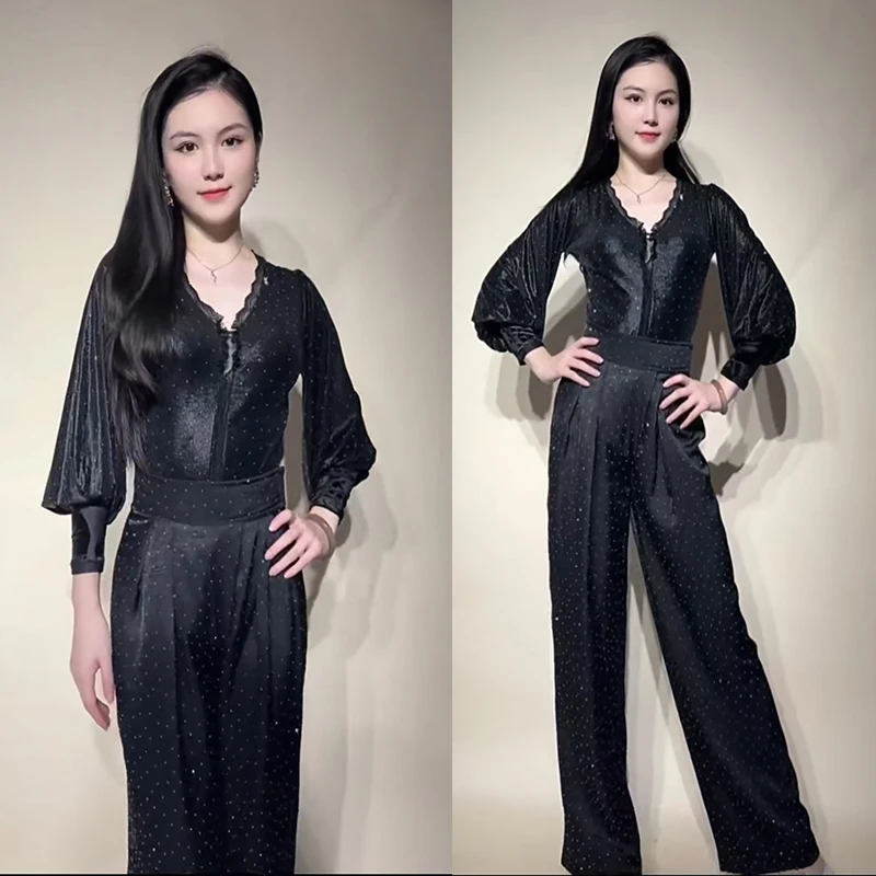 Атласная одежда со стразами для латинских бальных танцев, женские топы с длинными рукавами, черные брюки, одежда для выступлений, вальса, румбы
Атласная одежда со стразами для латинских бальных танцев, женские топы с длинными рукавами, черные брюки, одежда для выступлений, вальса, румбы