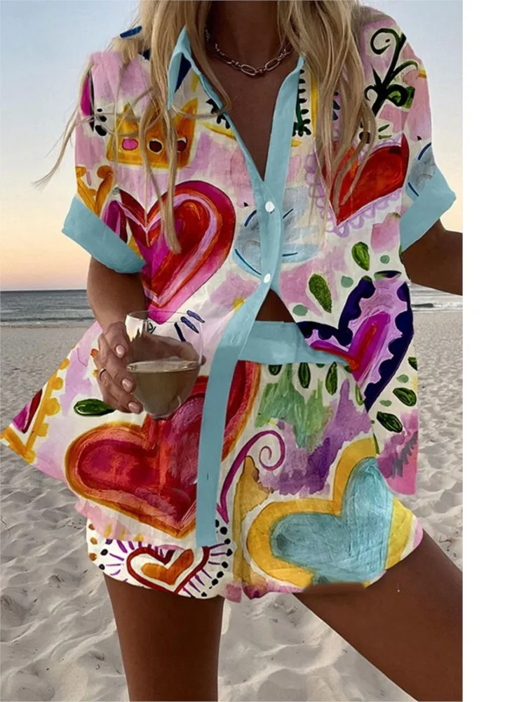 Fashion Casual Printed Two Piece Set Women Summer Comfort Holiday Color Colorful Button Short Sleeves Shirts And Shorts 2 Sets
Fashion Casual Printed Two Piece Set Women Summer Comfort Holiday Color Colorful Button Short Sleeves Shirts And Shorts 2 Sets