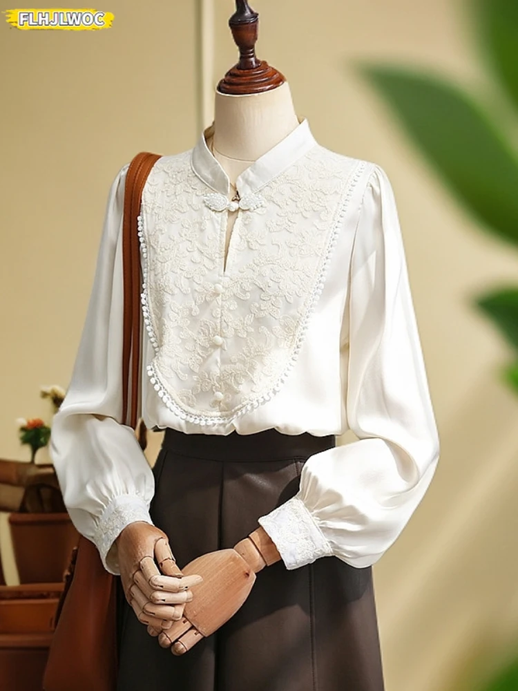 New Chinese Style Women's Long-Sleeve Blouse Stand Collar Frog Buttons 2025 Spring Summer Embroidered Tops Elegant Lace Shirts
New Chinese Style Women's Long-Sleeve Blouse Stand Collar Frog Buttons 2025 Spring Summer Embroidered Tops Elegant Lace Shirts