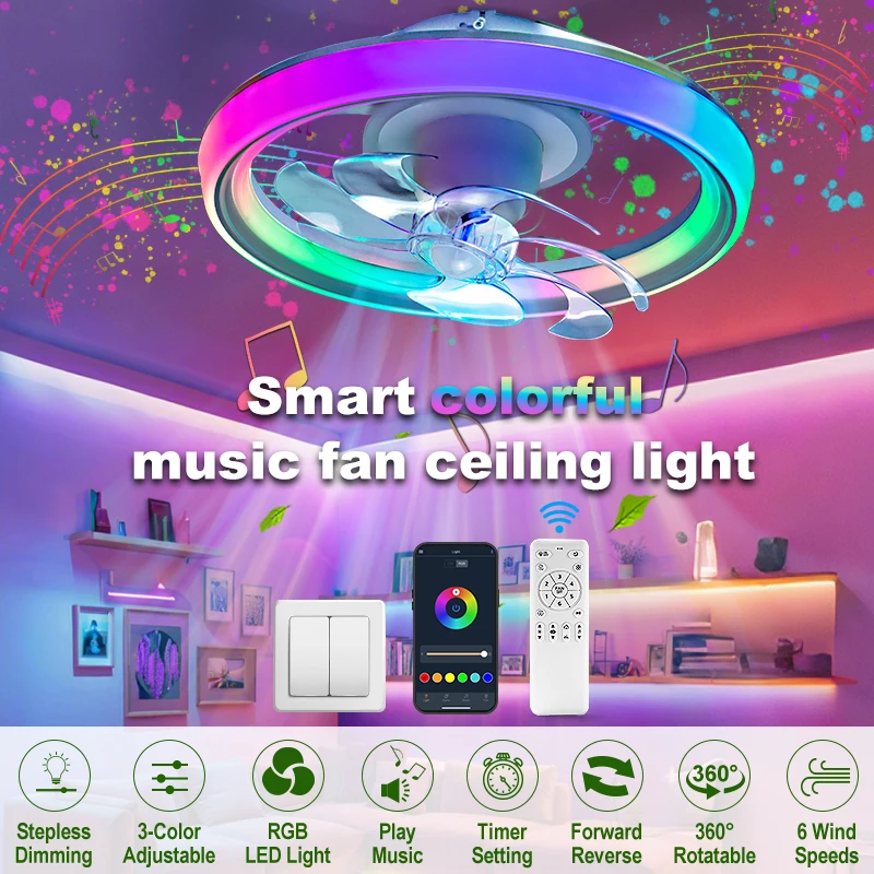 Ceiling LED Light Fan with Speaker Six-Speed Ceiling Fan RGB Remote APP Control Dimmable 360° Rotating Head Restaurant Light
Ceiling LED Light Fan with Speaker Six-Speed Ceiling Fan RGB Remote APP Control Dimmable 360° Rotating Head Restaurant Light