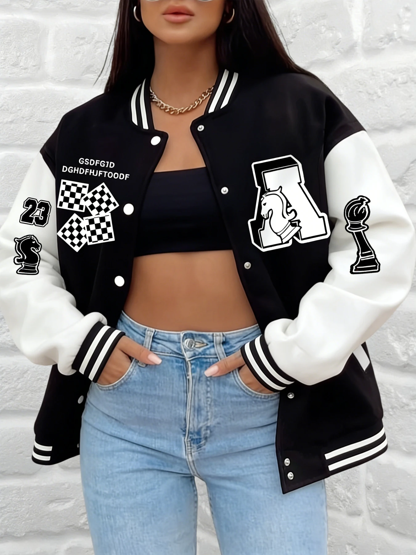 Женская бейсбольная куртка с шахматным рисунком 23, бейсбольная куртка с принтом, университетское пальто, свободная верхняя одежда, повседневная уличная одежда
Женская бейсбольная куртка с шахматным рисунком 23, бейсбольная куртка с принтом, университетское пальто, свободная верхняя одежда, повседневная уличная одежда