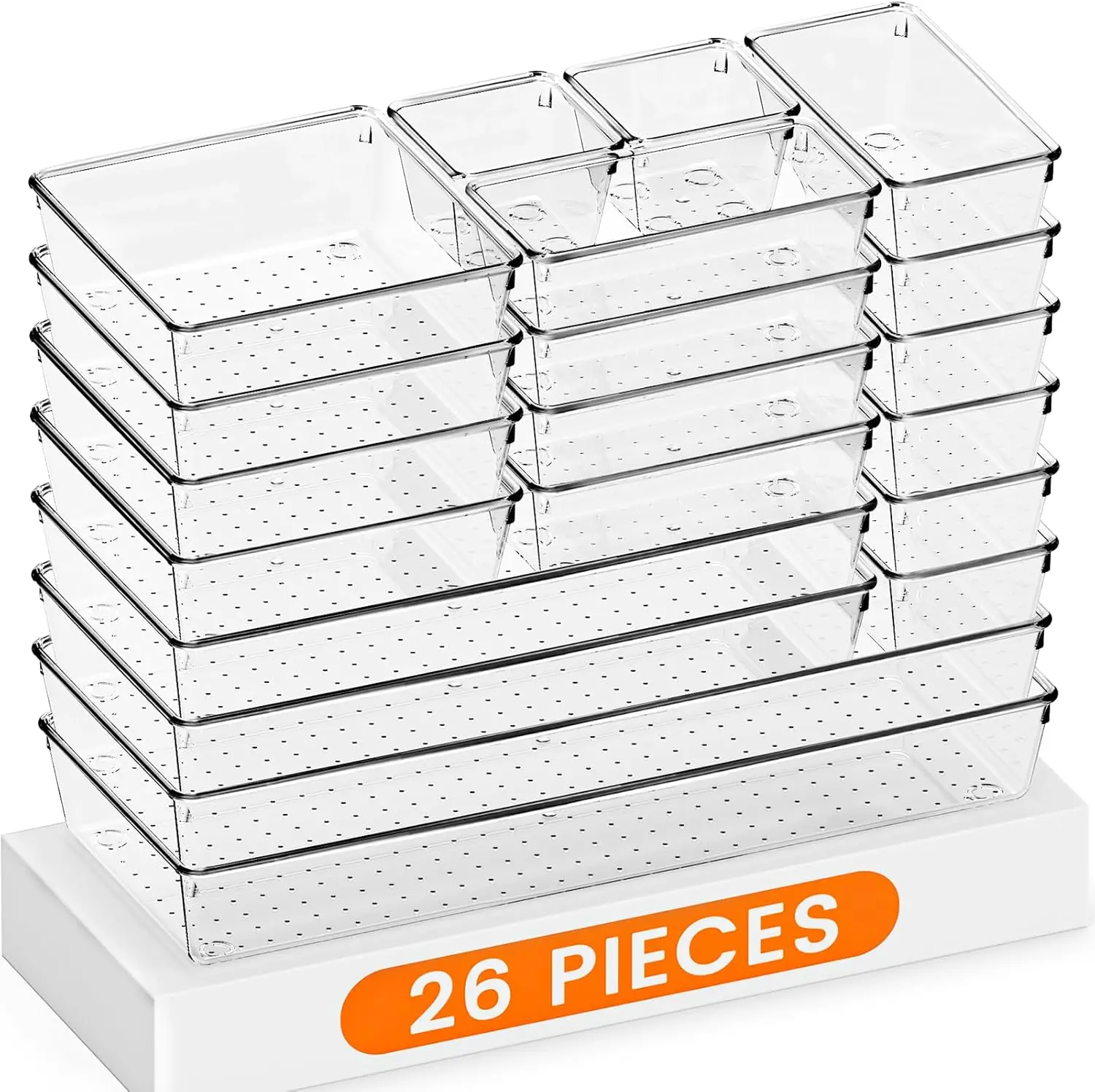 26-Pack Clear Plastic Drawer Organizer Bins with Non-Slip Pads for Kitchen Bathroom Makeup and Office
26-Pack Clear Plastic Drawer Organizer Bins with Non-Slip Pads for Kitchen Bathroom Makeup and Office