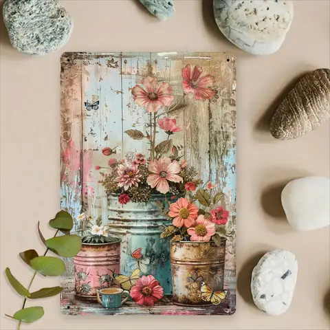 Charming Vintage Floral Metal Sign - 8x12 Inches, Rustic Iron Decor for Farmhouse Kitchens & Patio Sheds, Front Yard Decor, Perf