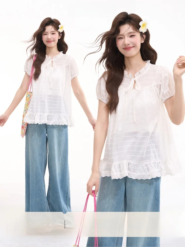 Heme Early Spring Floral Trim Belted Stripe Short Sleeve Women's Summer Doll Shirt Casual Loose Fit Cotton Bubble Sleeve
Heme Early Spring Floral Trim Belted Stripe Short Sleeve Women's Summer Doll Shirt Casual Loose Fit Cotton Bubble Sleeve