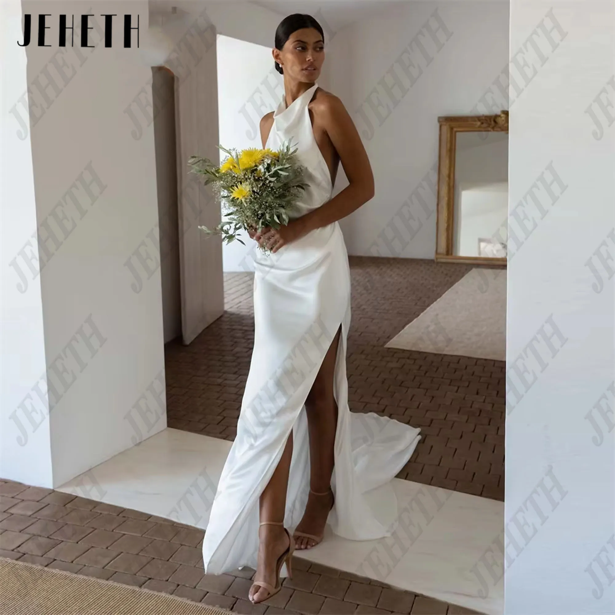 JEHETH Halter Sleeveless Simple Mermaid Wedding Dress Satin Open Back High Side Slit Floor Length Bridal Gown Customized
JEHETH Halter Sleeveless Simple Mermaid Wedding Dress Satin Open Back High Side Slit Floor Length Bridal Gown Customized