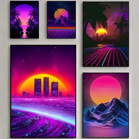 Neon Retrowave Synthwave Poster Poster Waterproof HD Wall Art Decal Self-Adhesive Aesthetic Decor For Home Living