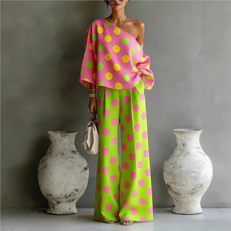 Summer Fall Women's Loose Suit New Fashion Color Polka Dot Off-the-shoulder Elegant Two-piece Pants Suit For Women Streetwear
Summer Fall Women's Loose Suit New Fashion Color Polka Dot Off-the-shoulder Elegant Two-piece Pants Suit For Women Streetwear