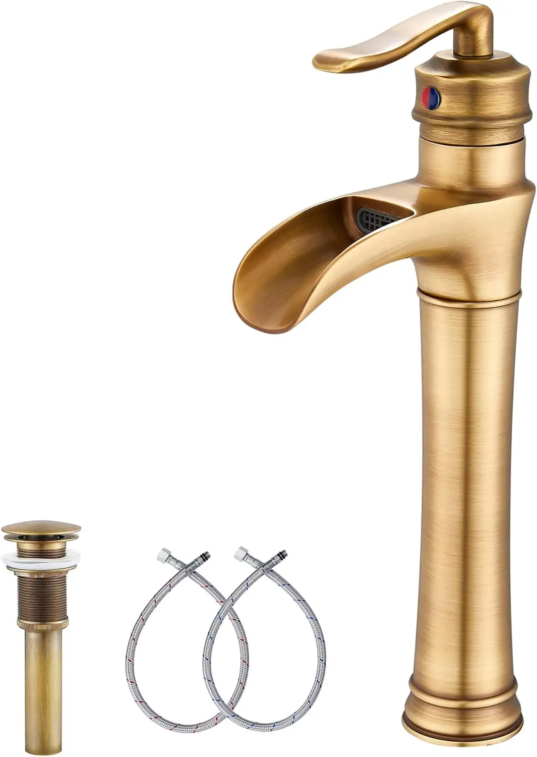 Waterfall Bathroom Faucet Single Handle One Hole Farmhouse Vessel Sink Faucet with Pop Up Drain, Antique Brass
Waterfall Bathroom Faucet Single Handle One Hole Farmhouse Vessel Sink Faucet with Pop Up Drain, Antique Brass