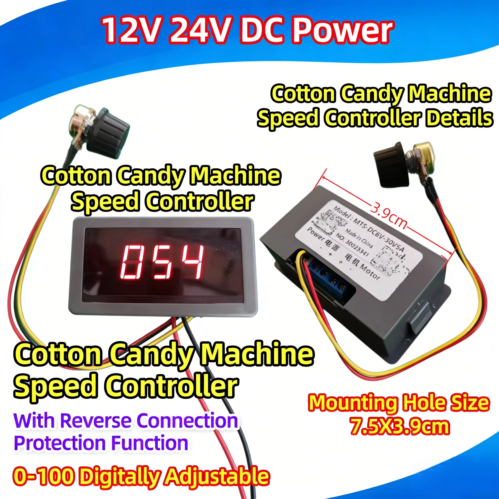 Cotton candy machine Governor 12-24v Large current Reverse connection protection Percentage revolutions Direct current Governor
Cotton candy machine Governor 12-24v Large current Reverse connection protection Percentage revolutions Direct current Governor