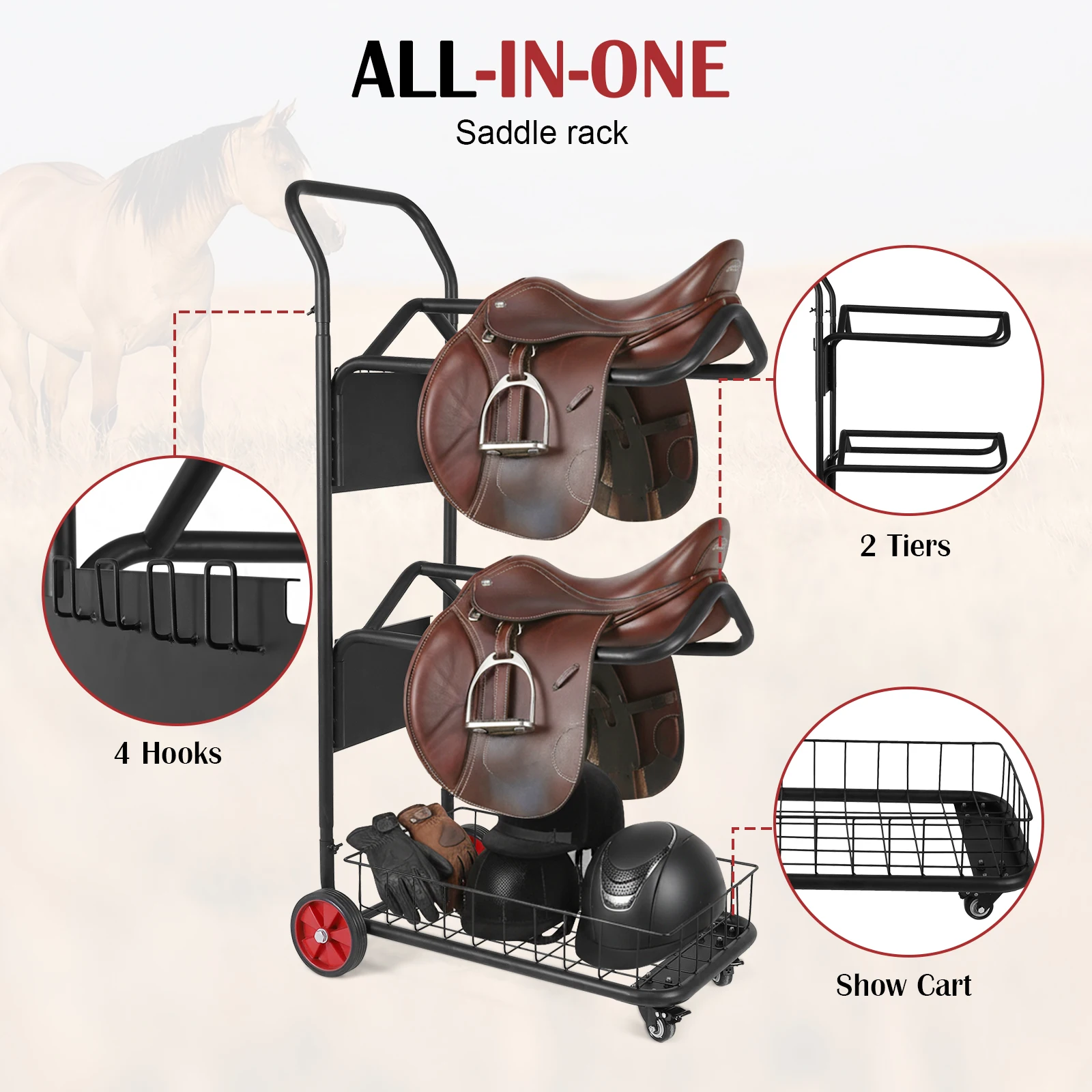 Horse Equipment Cart with Basket Rolling Horse Saddle Rack Cart with Wheel for Stable Storage Moving Transport Supplies
Horse Equipment Cart with Basket Rolling Horse Saddle Rack Cart with Wheel for Stable Storage Moving Transport Supplies