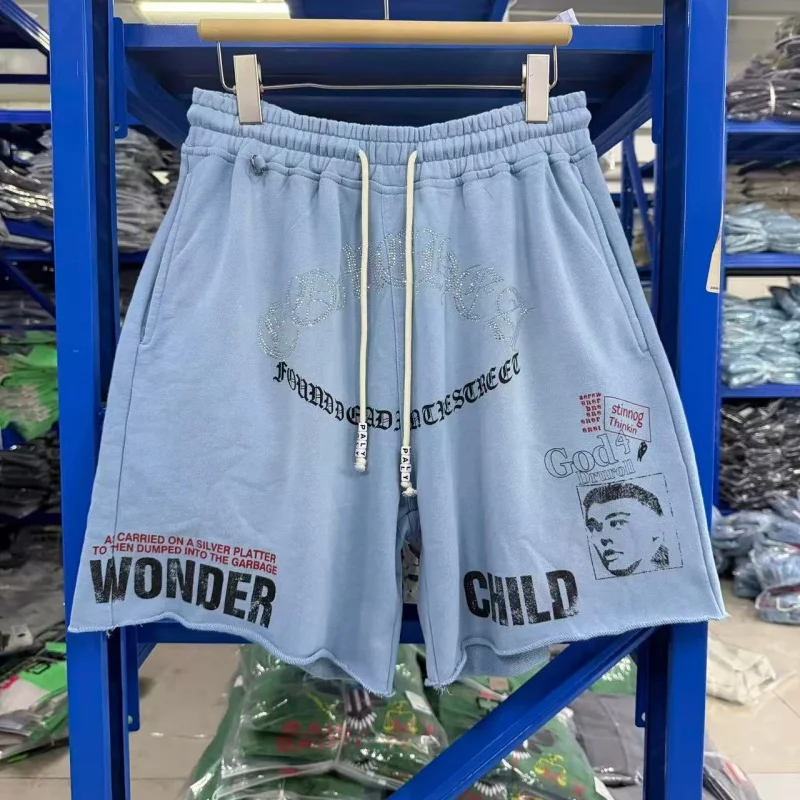 Men Washed Light Blue Sweat Shorts PALY Rhinestone Gothic Print Raw Hem Streetwear Casual Pants
Men Washed Light Blue Sweat Shorts PALY Rhinestone Gothic Print Raw Hem Streetwear Casual Pants