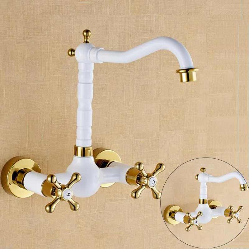 Modern lacquered white gold-plated wall faucet, all-copper wall-mounted double-hole double-handle basin, kitchen faucet wholesal
Modern lacquered white gold-plated wall faucet, all-copper wall-mounted double-hole double-handle basin, kitchen faucet wholesal