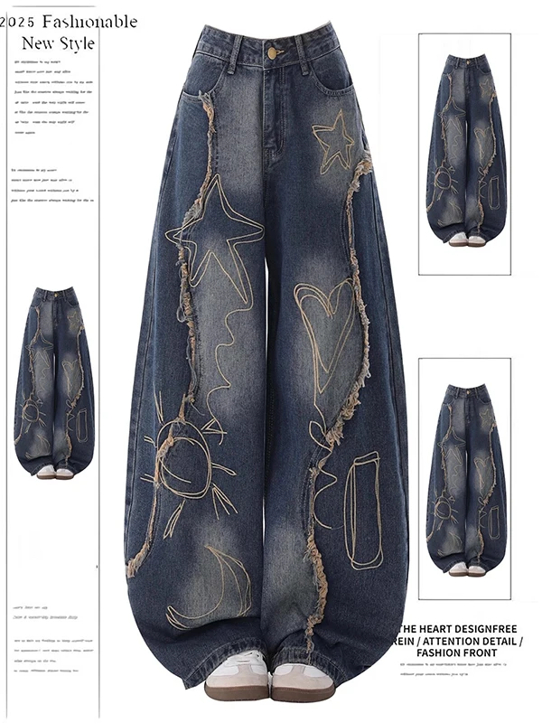 Retro American Style High Waist Wide Leg Jeans Women's Spring Autumn Design Embroidered Faded High Street Knife Pants
Retro American Style High Waist Wide Leg Jeans Women's Spring Autumn Design Embroidered Faded High Street Knife Pants