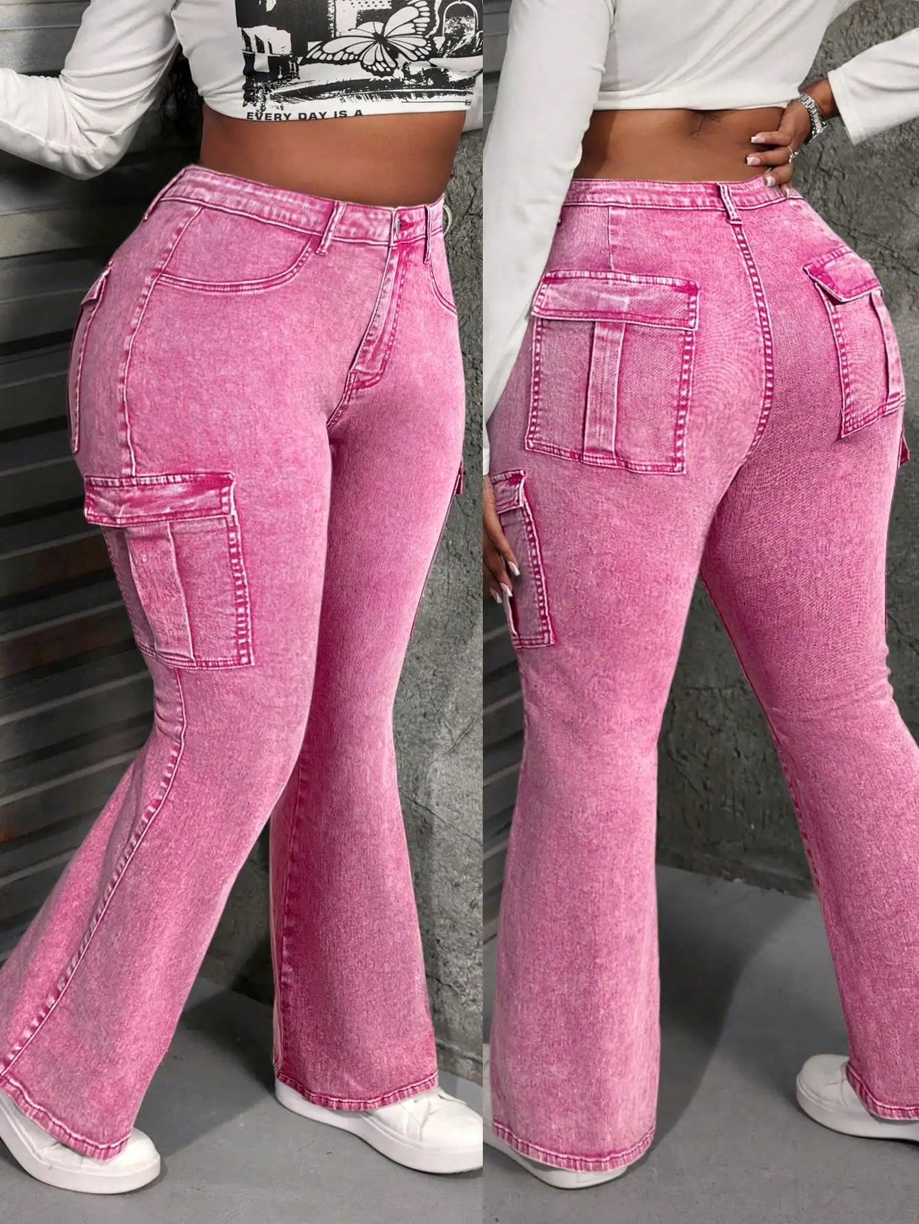 Розовые расклешенные джинсы карго для женщин — стрейч-деним с высокой талией и боковыми карманами, большие размеры
Розовые расклешенные джинсы карго для женщин — стрейч-деним с высокой талией и боковыми карманами, большие размеры