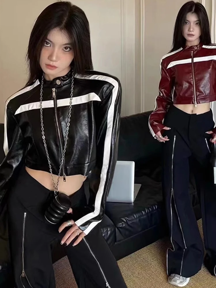 Color blocking striped splicing ultra short PU leather jacket for women's spring new fashion street motorcycle jacket
Color blocking striped splicing ultra short PU leather jacket for women's spring new fashion street motorcycle jacket