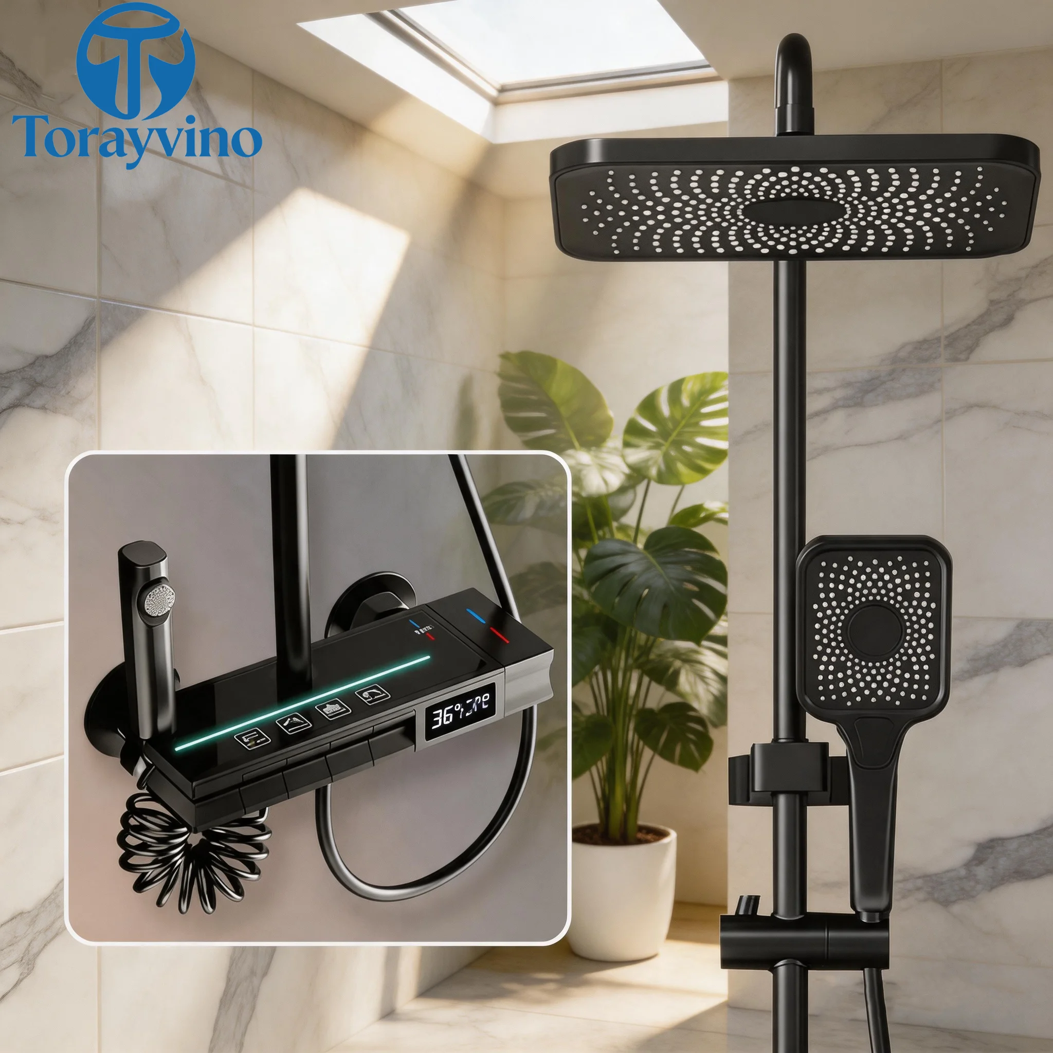 Torayvino LED Digital display Shower System faucet Bathroom 4 Function Shower System Set Rainfall high quality outdoor column
Torayvino LED Digital display Shower System faucet Bathroom 4 Function Shower System Set Rainfall high quality outdoor column