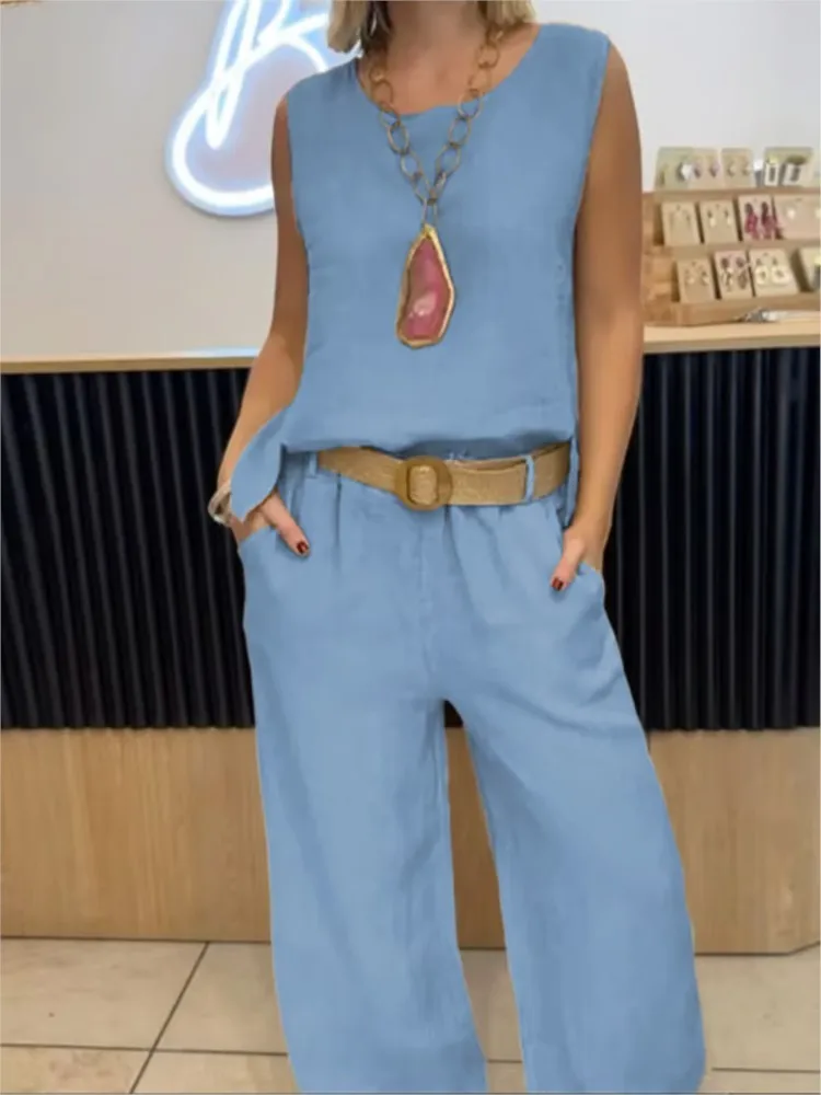 Cotton And Linen Solid Color Sleeveless Round-neck Top Wide-leg Trousers Two-piece Set Summer British Style Casual Trousers Sets
Cotton And Linen Solid Color Sleeveless Round-neck Top Wide-leg Trousers Two-piece Set Summer British Style Casual Trousers Sets