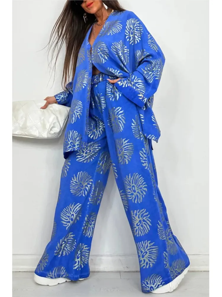 Women's Lapel Printed Buttons Loose two Piece Set Autumn Casual Long-sleeved Pocket Wide-leg Trousers Elegant Female 2 Piece Set
Women's Lapel Printed Buttons Loose two Piece Set Autumn Casual Long-sleeved Pocket Wide-leg Trousers Elegant Female 2 Piece Set