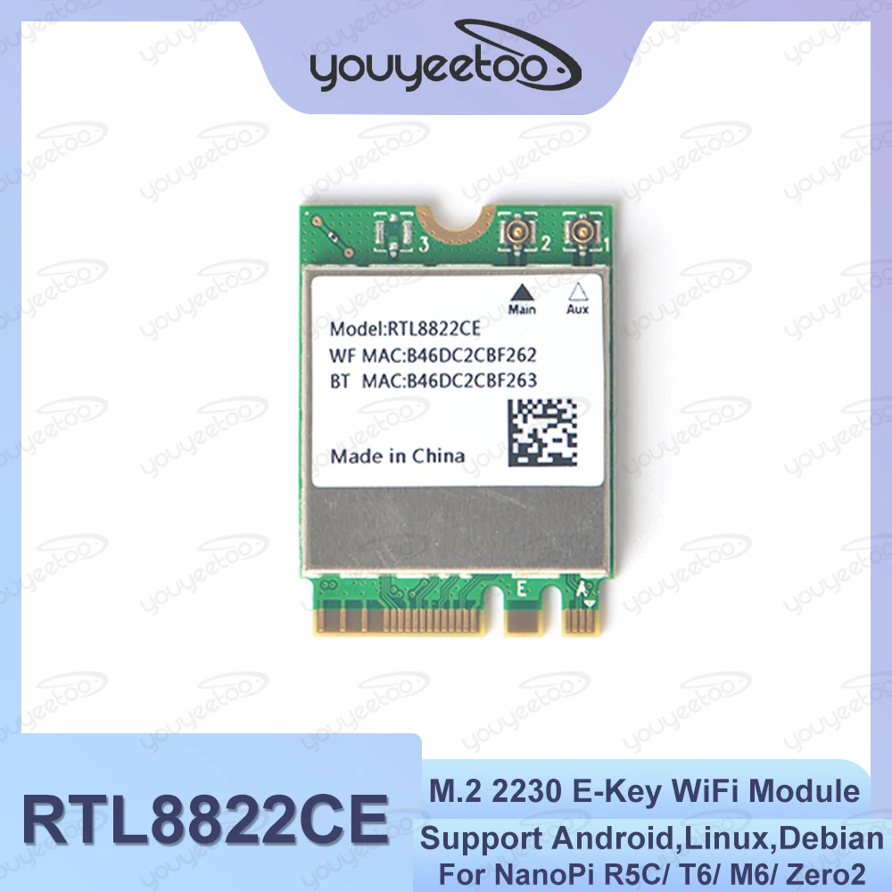 M.2 2230 E-Key RTL8822CE WiFi Module For NanoPi R5C/M6/Zero2,NanoPC T6 Supports Bluetooth 5.0
M.2 2230 E-Key RTL8822CE WiFi Module For NanoPi R5C/M6/Zero2,NanoPC T6 Supports Bluetooth 5.0