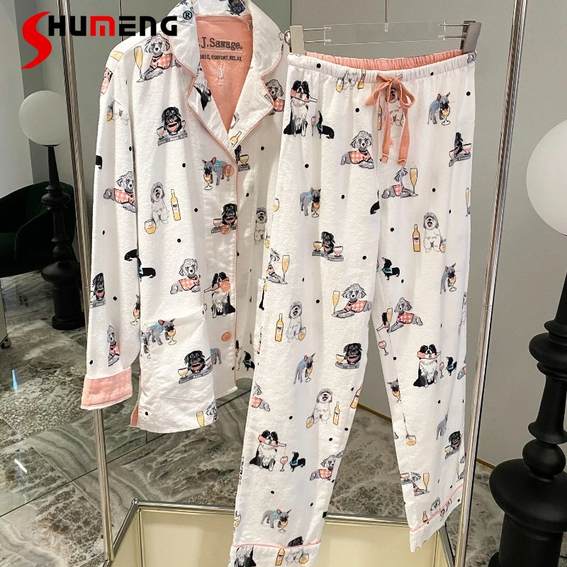 Long Pants Cardigan Pajamas Set Female White Background Cotton Brushed Sleep Suits Women's Turn Down Collar Loungewear
Long Pants Cardigan Pajamas Set Female White Background Cotton Brushed Sleep Suits Women's Turn Down Collar Loungewear