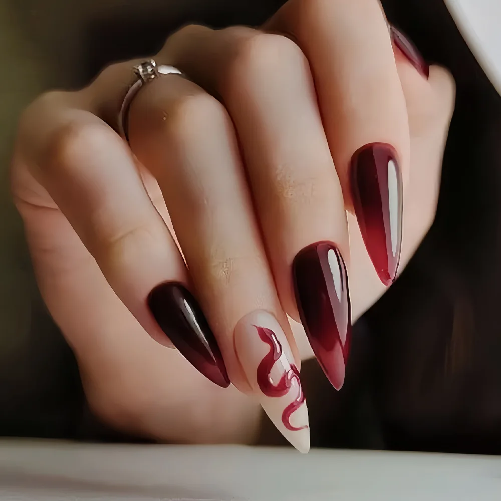 24PCS Simple Almond Press on Nails with Dark Red Snake Pattern Fake Nails for Spice Girls Patches Acrylic Detachable Full Cover
24PCS Simple Almond Press on Nails with Dark Red Snake Pattern Fake Nails for Spice Girls Patches Acrylic Detachable Full Cover