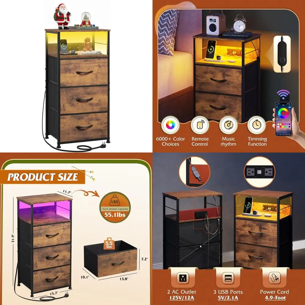 Rustic Brown Charging Station Nightstand, 31.9 High, with Fabric Drawers, LED Bed Side Table featuring USB Ports and Outlets, Id
Rustic Brown Charging Station Nightstand, 31.9 High, with Fabric Drawers, LED Bed Side Table featuring USB Ports and Outlets, Id