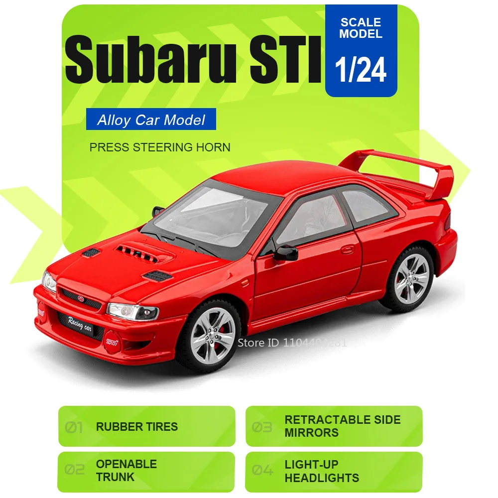1:24 Subaru STI GTR R34 Toys Model Alloy Diecast Car Front Wheel Steering Doors Opened Sound Light Pull Back Vehices Child Gifts
1:24 Subaru STI GTR R34 Toys Model Alloy Diecast Car Front Wheel Steering Doors Opened Sound Light Pull Back Vehices Child Gifts