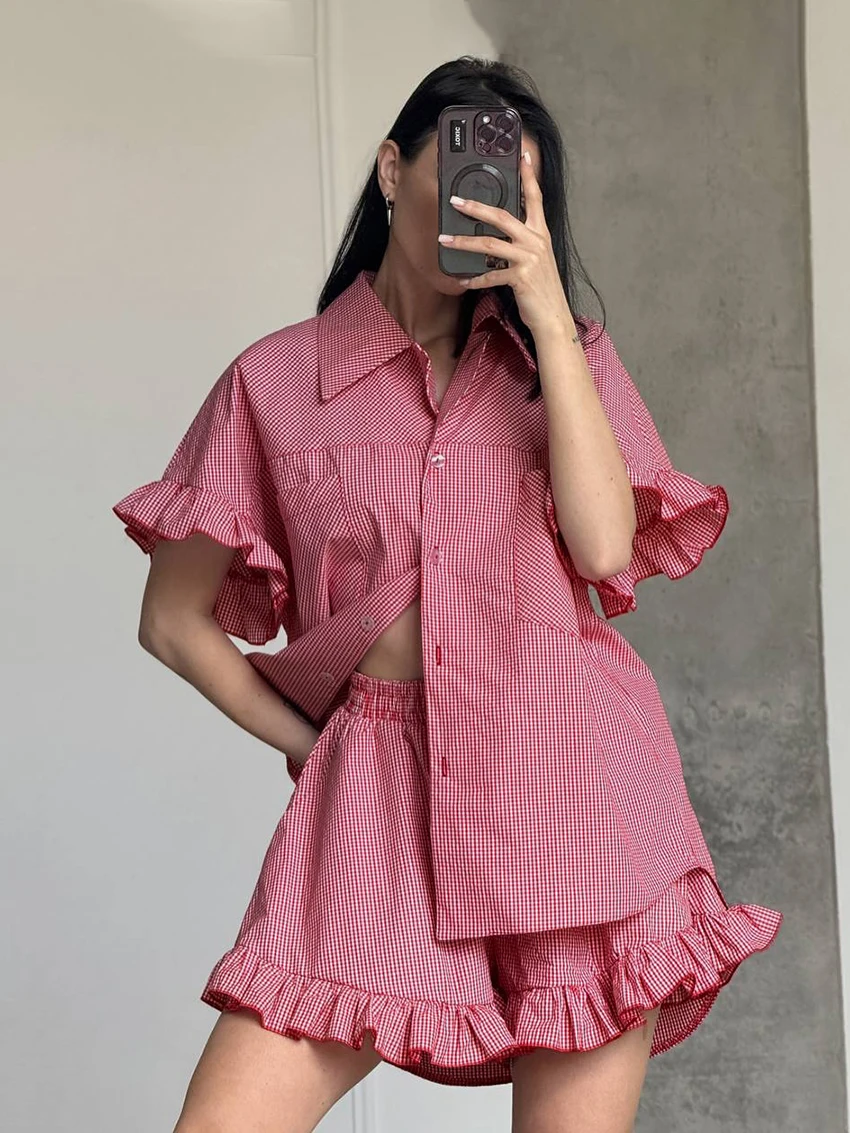 Marthaqiqi Plaid Loose Ladies Pajamas Suit Turn-Down Collar Nightgowns Short Sleeve Nightwear Shorts Causal Female Sleepwear Set
Marthaqiqi Plaid Loose Ladies Pajamas Suit Turn-Down Collar Nightgowns Short Sleeve Nightwear Shorts Causal Female Sleepwear Set