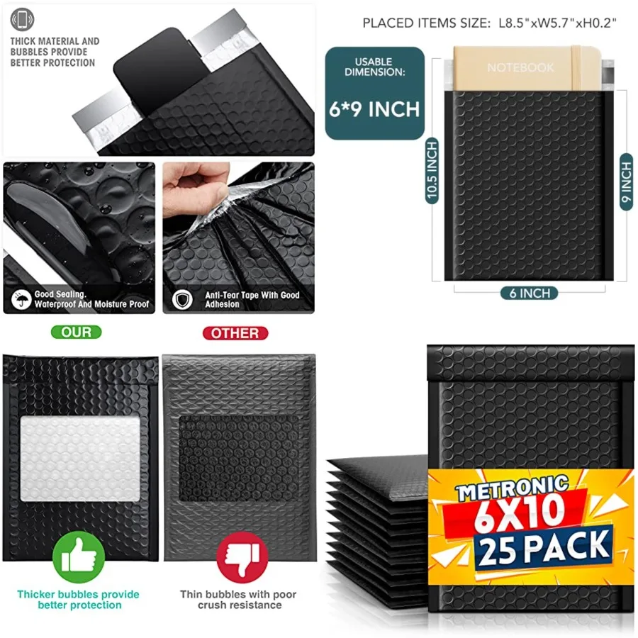 Bubble Mailers 6x10 Inch 25 Pack Usable Size 6x9" Bubble Mailer Waterproof Padded Envelopes for Gifts Packaging, Shipping, Mail
Bubble Mailers 6x10 Inch 25 Pack Usable Size 6x9" Bubble Mailer Waterproof Padded Envelopes for Gifts Packaging, Shipping, Mail